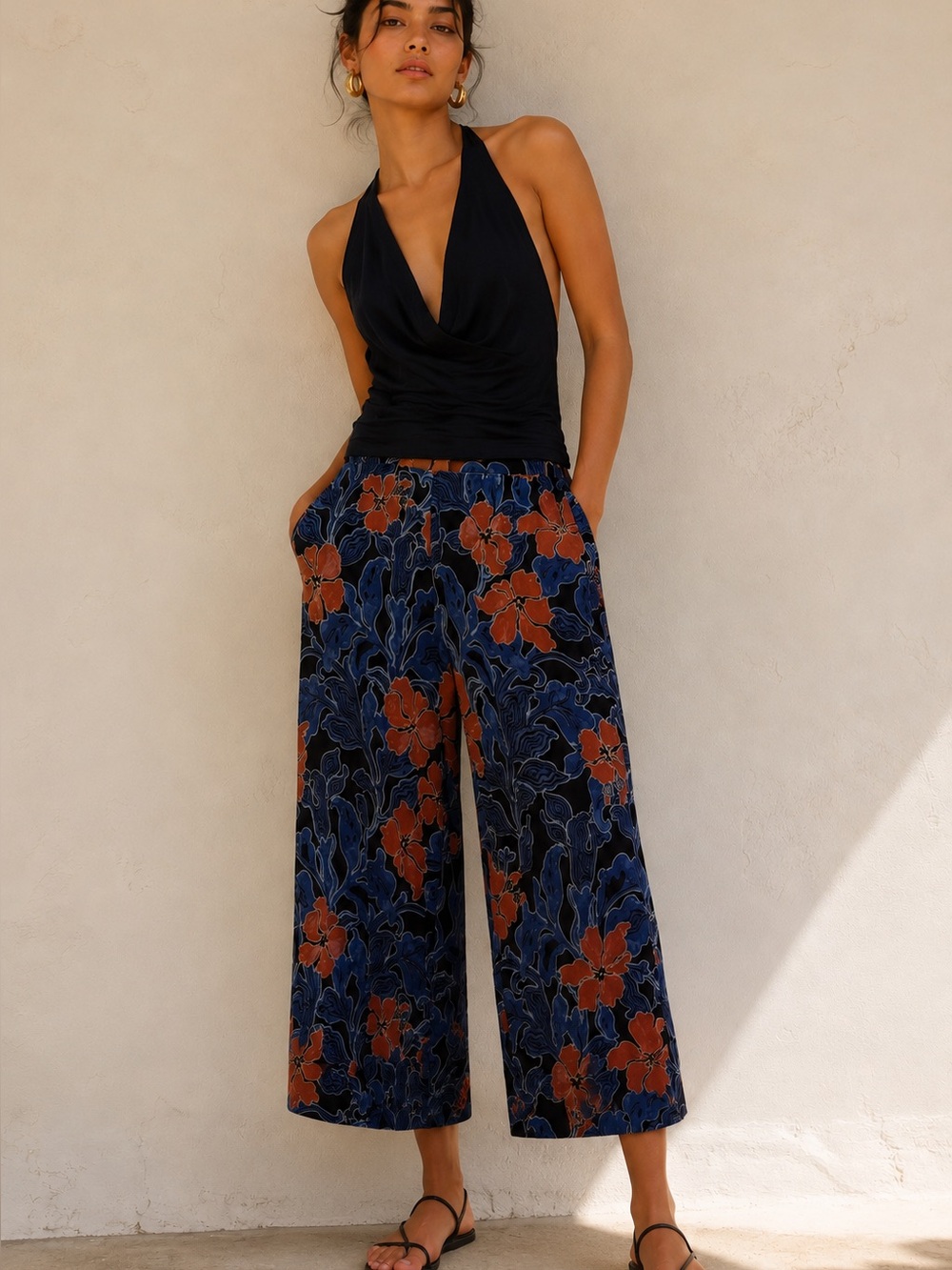 Chico's Navy Wide-Leg Floral Pants with Blue & Rust Swirls